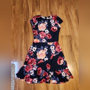 Aqua Asymmetrical Ruffle Dress in Navy with Red Floral